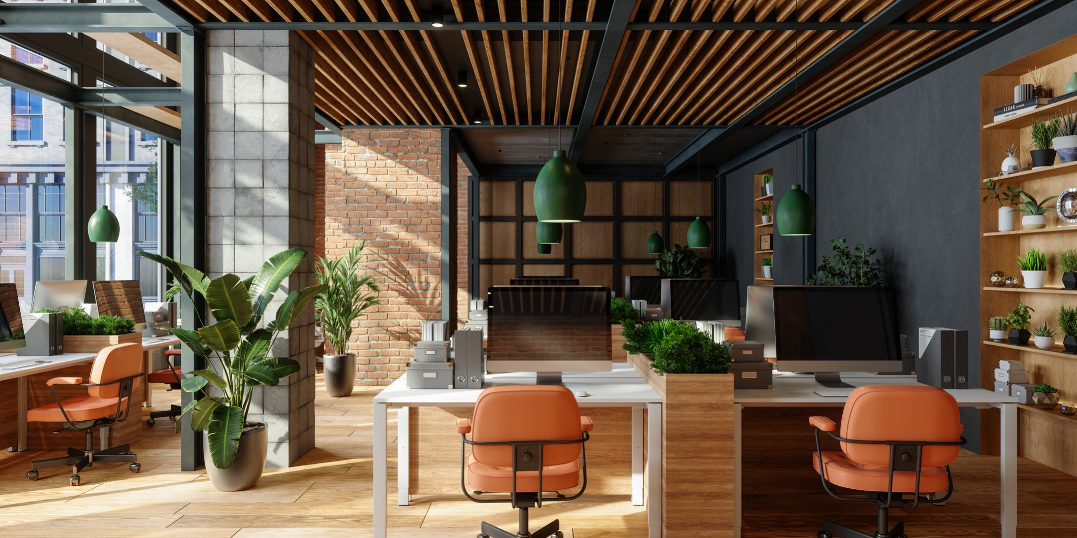 Eco-Friendly Open Plan Modern Office With Tables, Office Chairs, Pendant Lights And Plants empty office